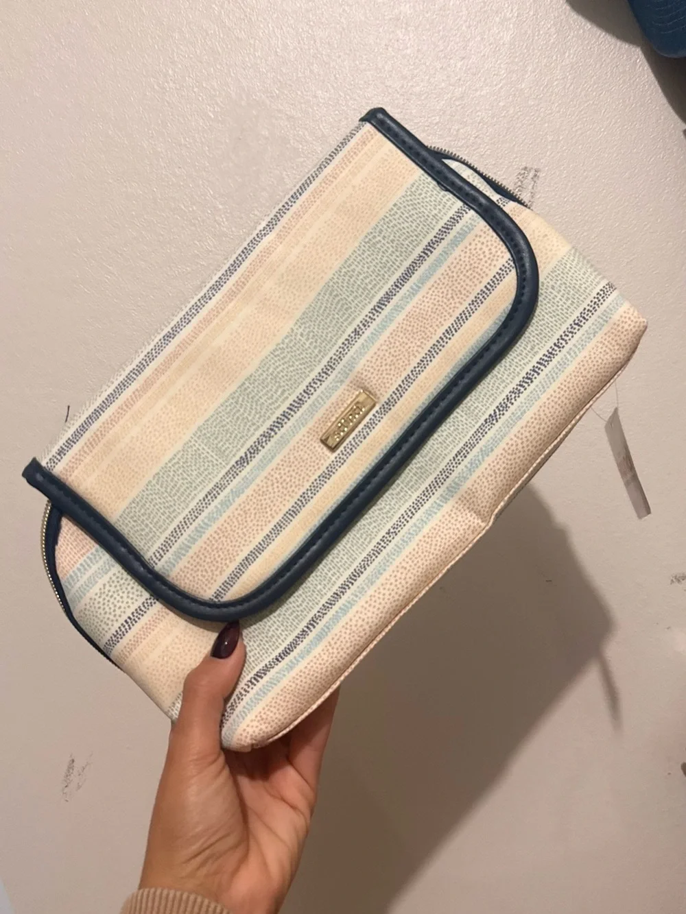 Makeup Travel Organizer Striped Pastel Clutch with Navy Trim